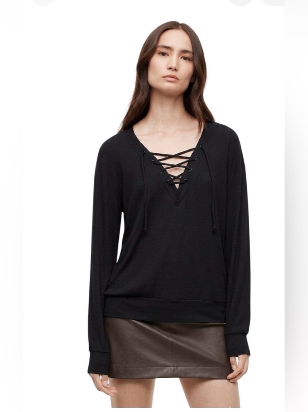WILFRED FREE Lace Up Stretch Black Long Sleeve Top Relaxed Sporty Midweight